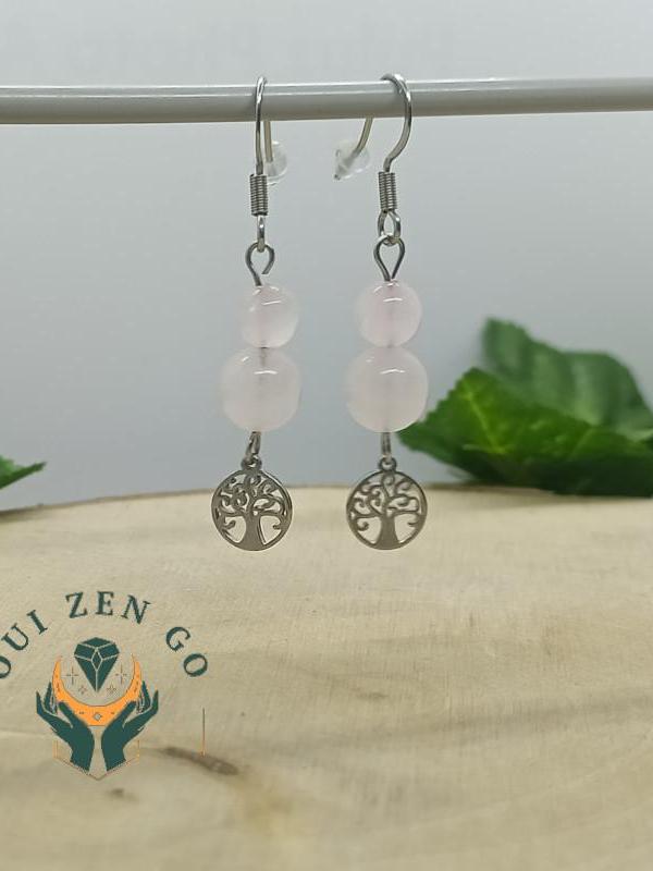 Boucle d oreille quartz rose arbre de vie 2 