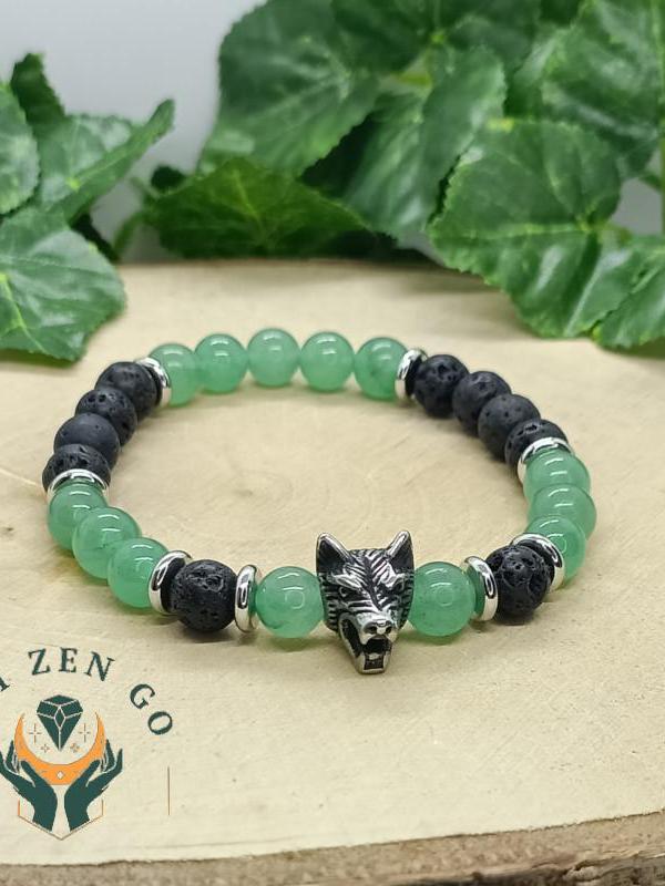 Bracelet aventurine et pierre de lave tete de loup 2 