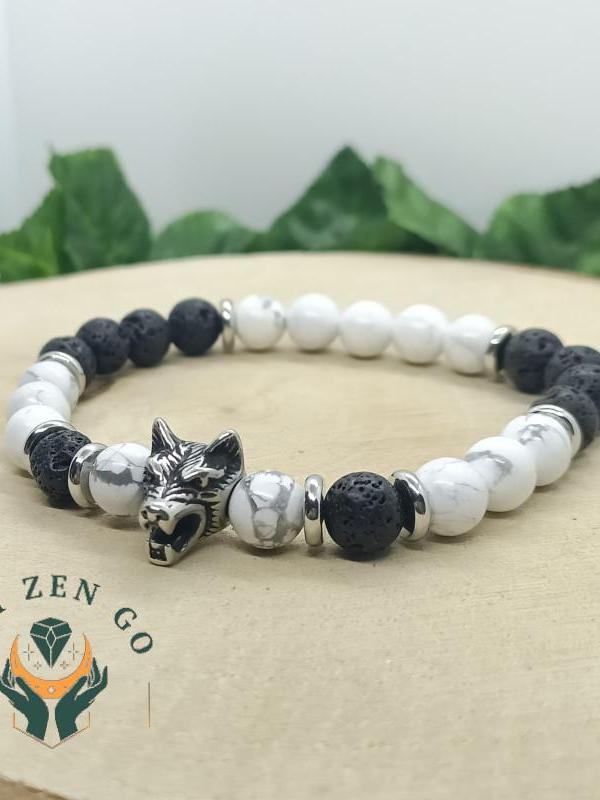 Bracelet howlite et pierre de lave tete de loup 1 1