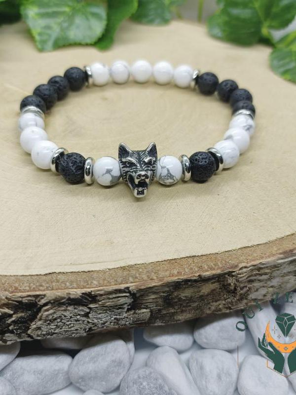 Bracelet howlite et pierre de lave tete de loup 2 