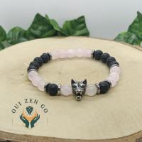 Bracelet tete de loup quartz rose et pierre de lave 2 