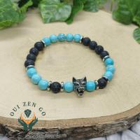 Bracelet turquoise et pierre de lave tete de loup 2 