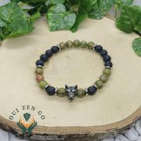 Bracelet unakite et pierre de lave tete de loup 2 