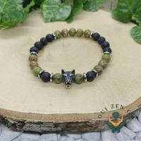 Bracelet unakite et pierre de lave tete de loup 3 