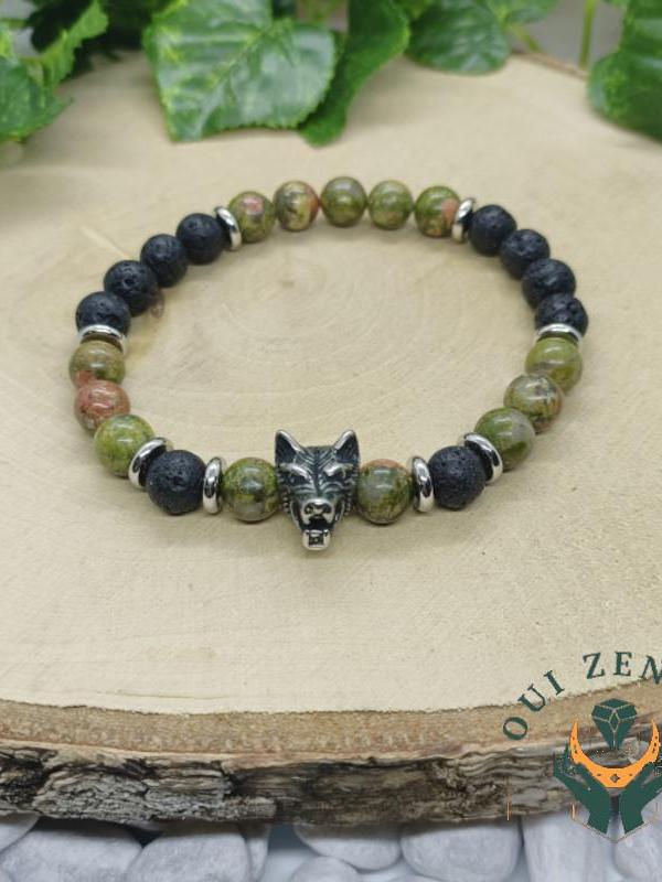 Bracelet unakite et pierre de lave tete de loup 3 